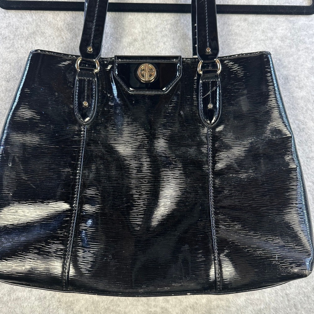 Giani Bernini Black Patent Textured Tote Bag Shoulder Purse Gold Hardware